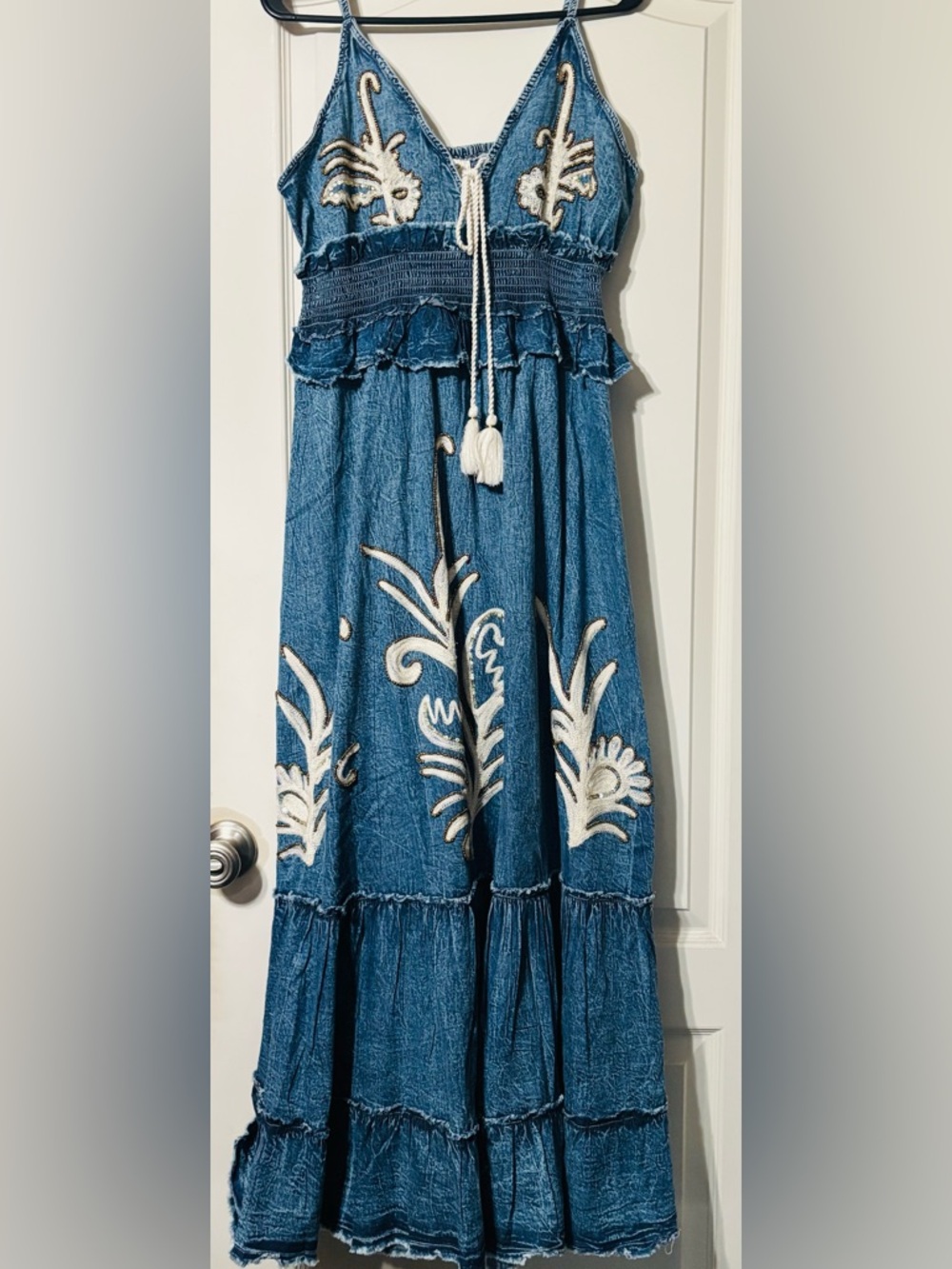 POL Blue Maxi Summer Dress with White Embroidered Accents